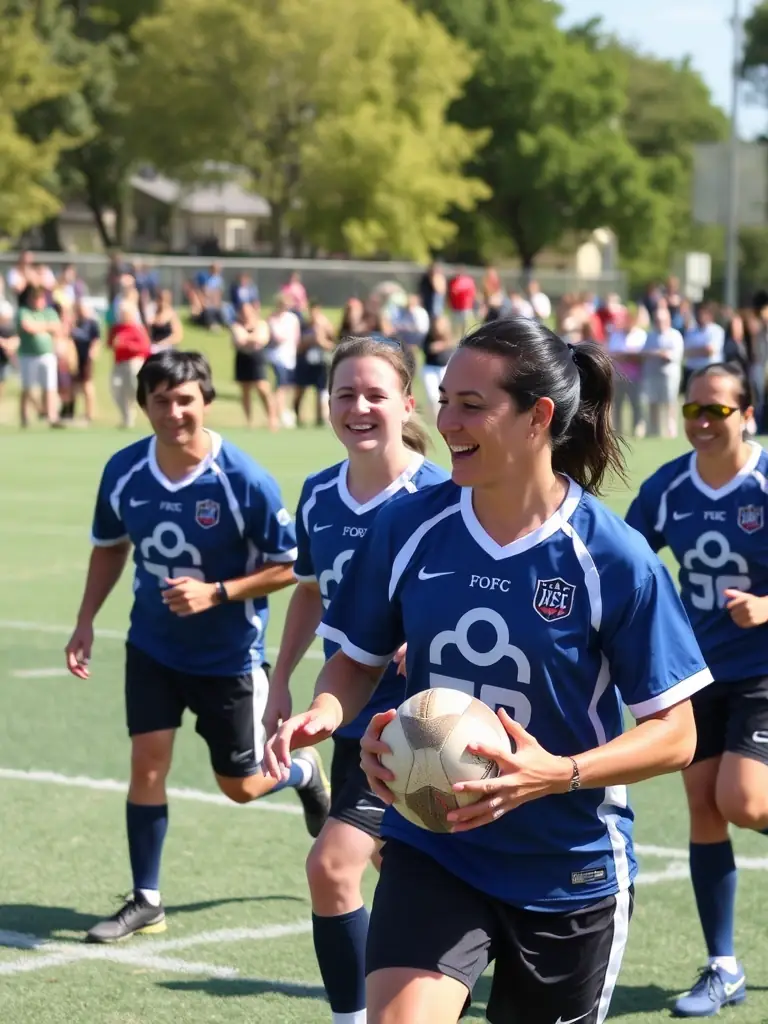 A group of adult players, both men and women, in AFC Noisetiers uniforms, participating in a friendly match with community members. The atmosphere is relaxed and inclusive.