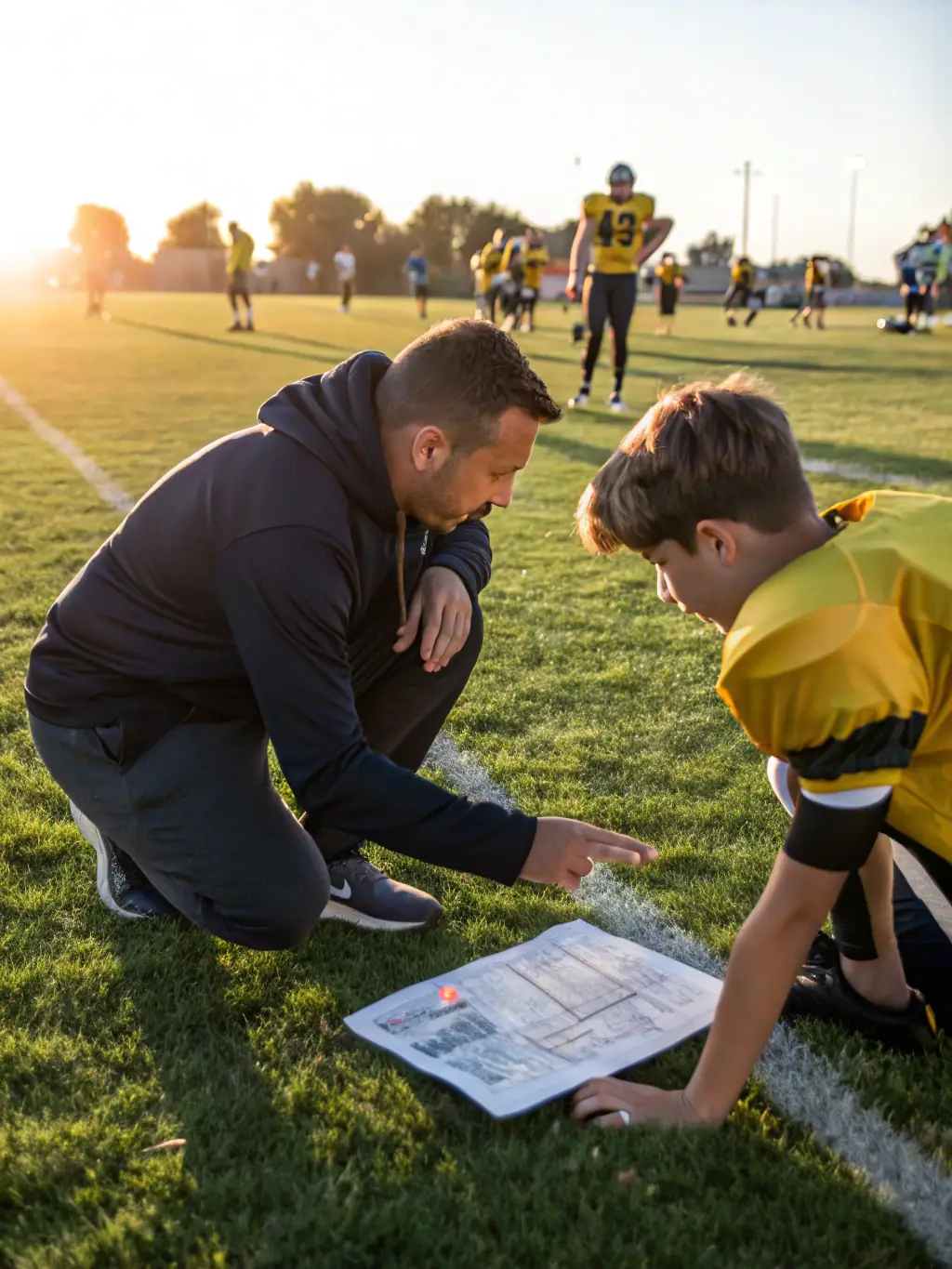 A dedicated coach providing personalized guidance to a young player during a training session. The coach is demonstrating proper technique and offering encouragement.